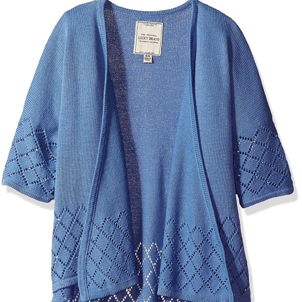 Lucky Brand Girls Cardigan Sweater Ashley Cozy Open Front Blue Short Slv 6 7 M L